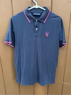 Psycho Bunny Men's Polo Shirt Navy Pink Spread Collar Logo Size S